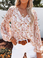 Women's Blouses V Neck Floral Chiffon Lantern Sleeve Blouse