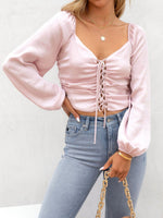 Women's Blouses V-Neck Hollow Tie Long Sleeve Blouse