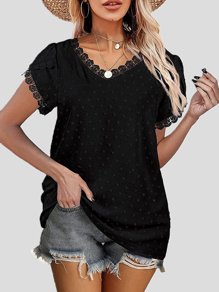 Women's Blouses V-Neck Lace Jacquard Short Sleeve Blouse