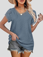 Women's Blouses V-Neck Lace Jacquard Short Sleeve Blouse