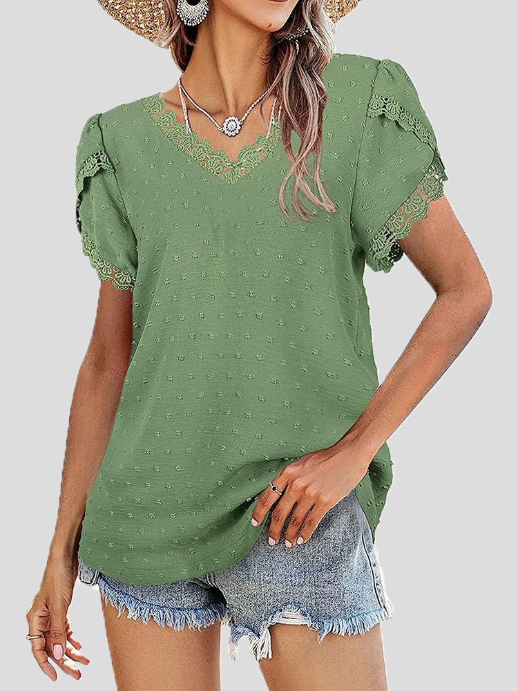 Women's Blouses V-Neck Lace Jacquard Short Sleeve Blouse