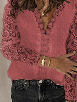 Women's Blouses V-Neck Long Sleeve Chiffon Jacquard Lace Blouses