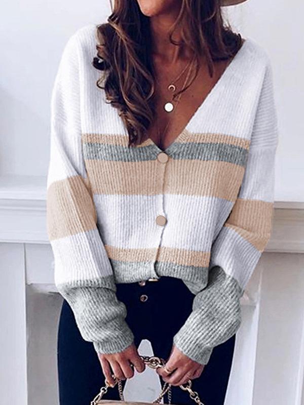 Women's Cardigans V-Neck Button Striped Sweater Cardigan