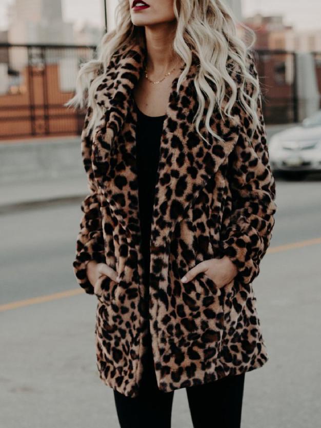 Women's Coats Lapel Leopard Print Faux Fur Long Sleeve Midi Coat