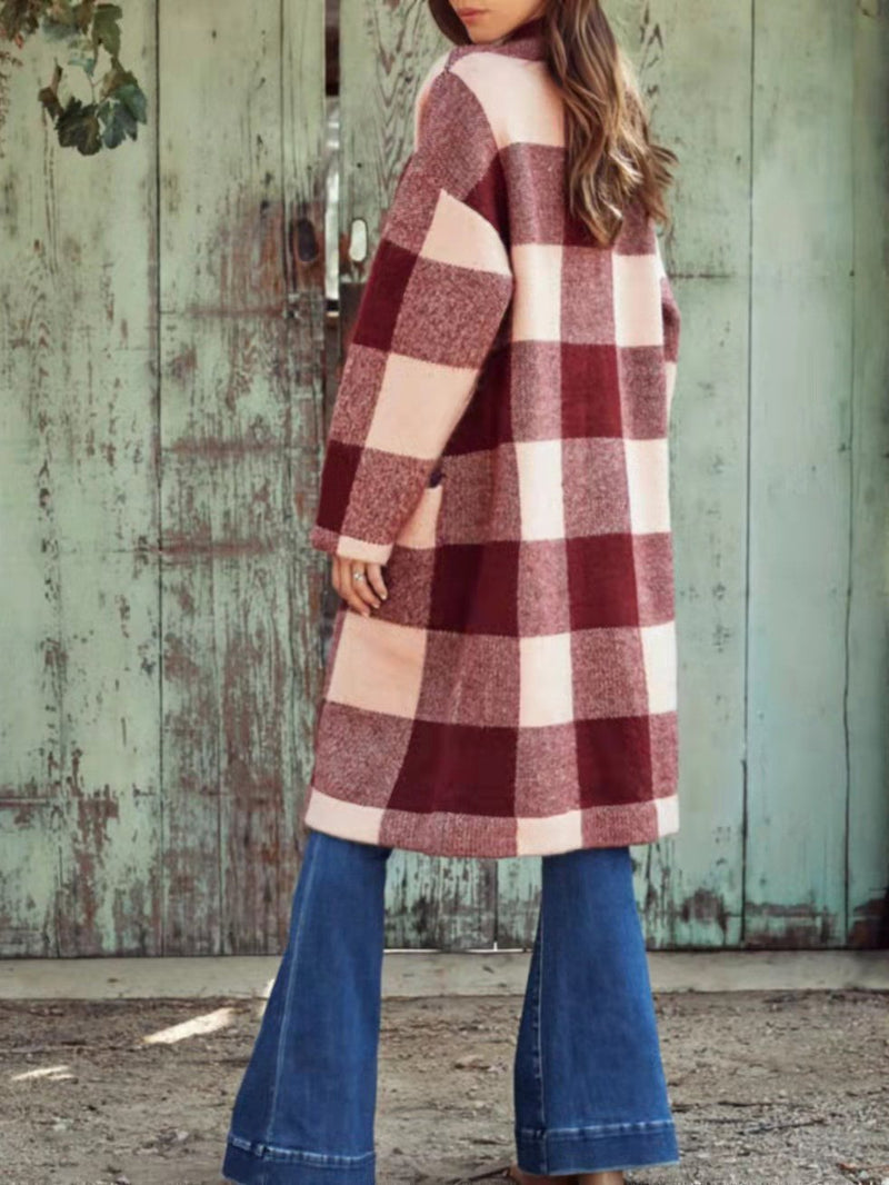 Women's Coats Plaid Single-Breasted Pocket Long Woolen Coat