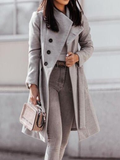 Women's Coats Solid Lapel Button Tie Wool Coats
