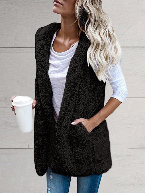 Women's Coats Solid Sleeveless Hooded Pocket Fur Vest
