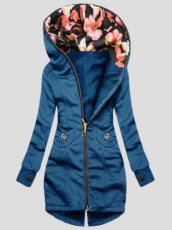 Women's Coats Zip Colorblock Printed Hooded Long Sleeve Coat