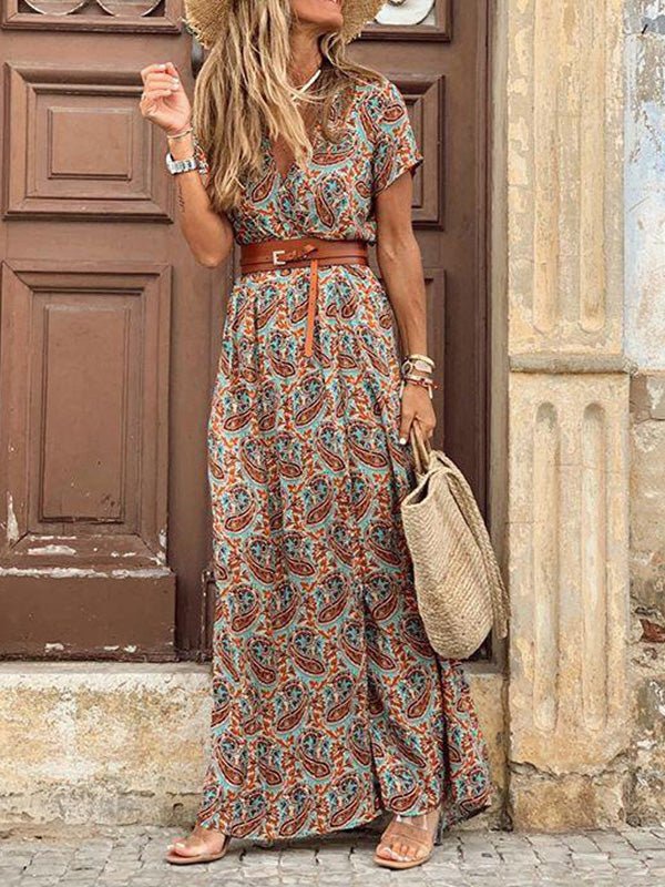 Women's Dresses Boho Print V-Neck Belt Slit Dress