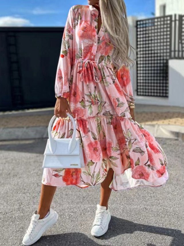 Women's Dresses Buttoned Long Sleeve Lace-Up Print Dress