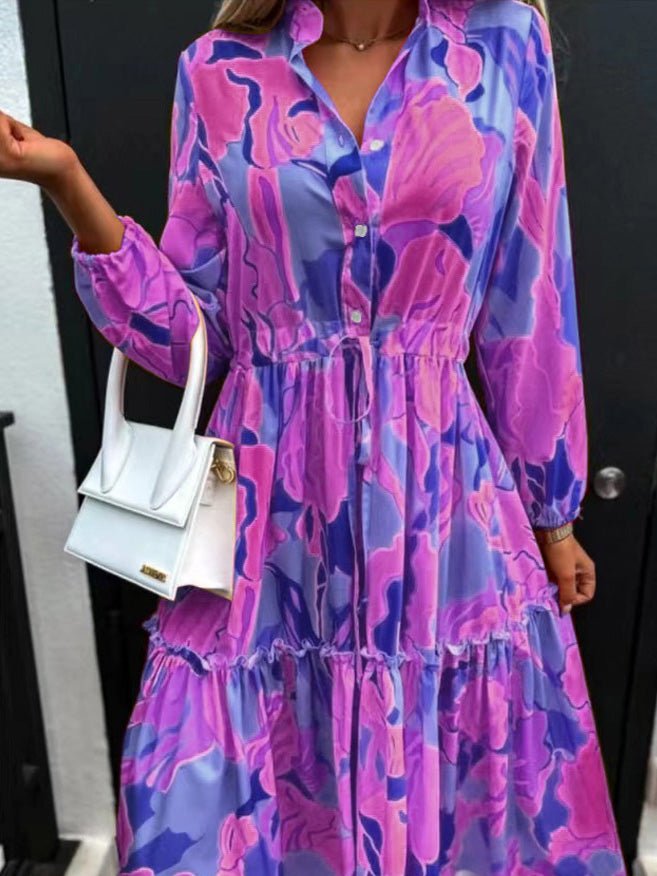 Women's Dresses Buttoned Long Sleeve Lace-Up Print Dress