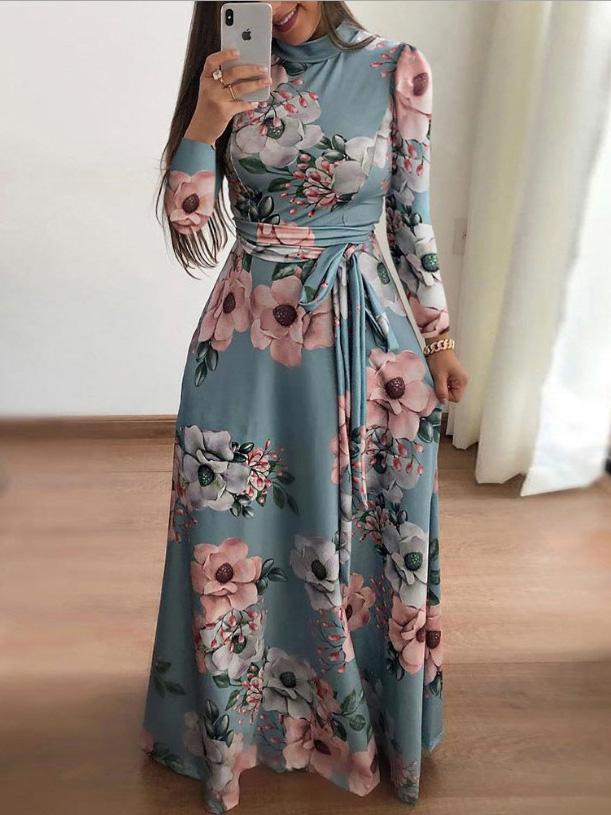 Women's Dresses High Neck Floral Print Tie Long Sleeve Dress