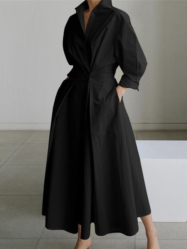 Women's Dresses Lapel Elastic Waist Shirt Long Sleeve Dress