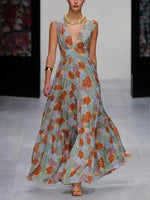 Women's Dresses Leaf Print V-Neck Sleeveless Maxi Dress