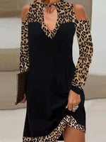 Women's Dresses Leopard Print Hanging Neck Off-The-Shoulder Long Sleeve Dress