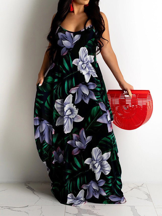 Women's Dresses Loose Suspender Floral Print Pocket Dress