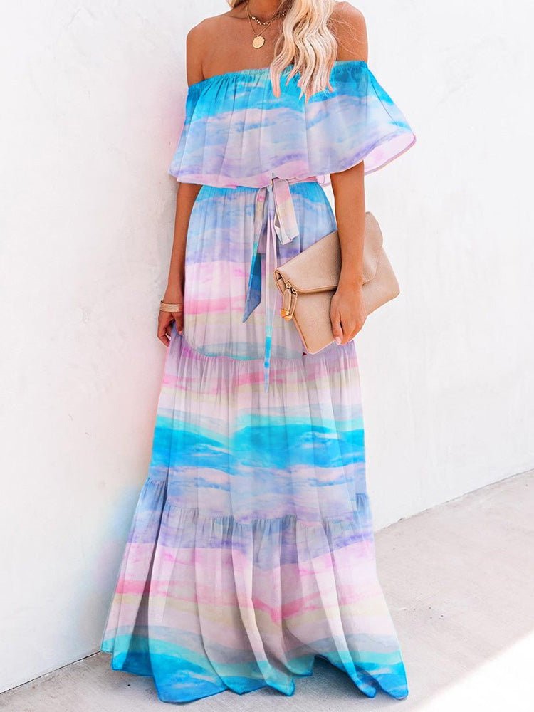 Women's Dresses One-Shoulder Tie-Dye Ruffled Lace-Up Dress