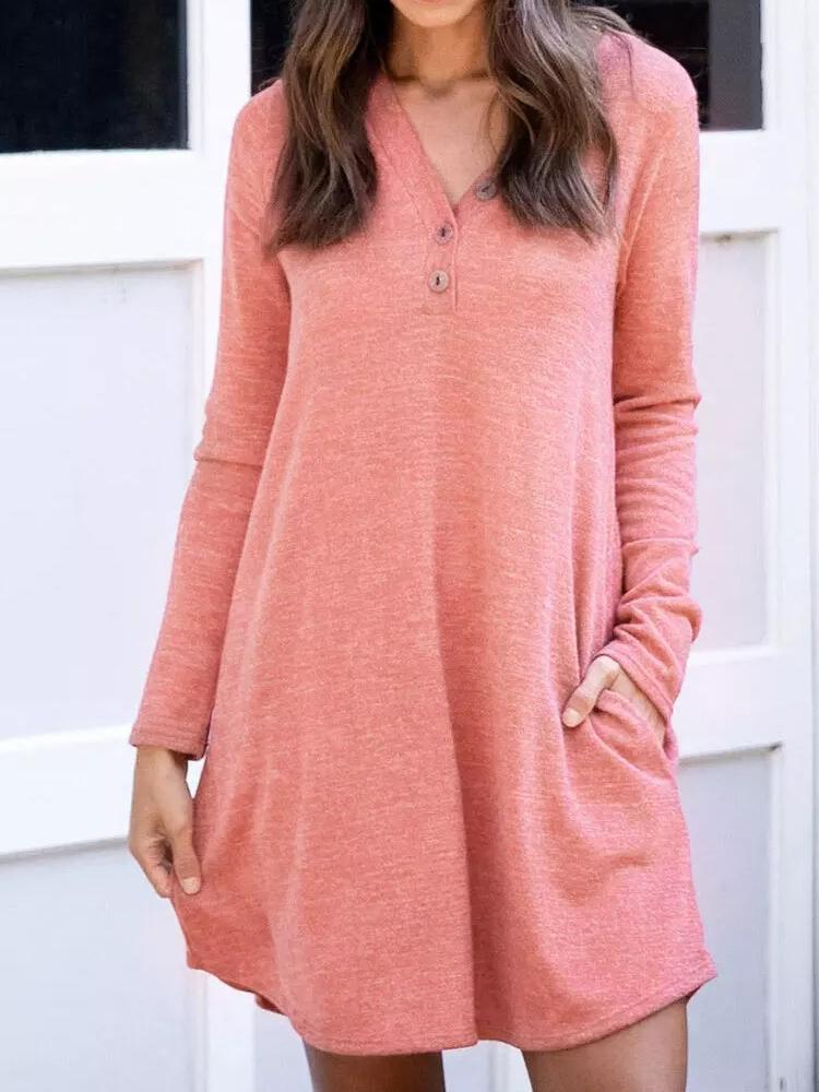 Women's Dresses Pocket Button Solid Casual Long Sleeve Dress