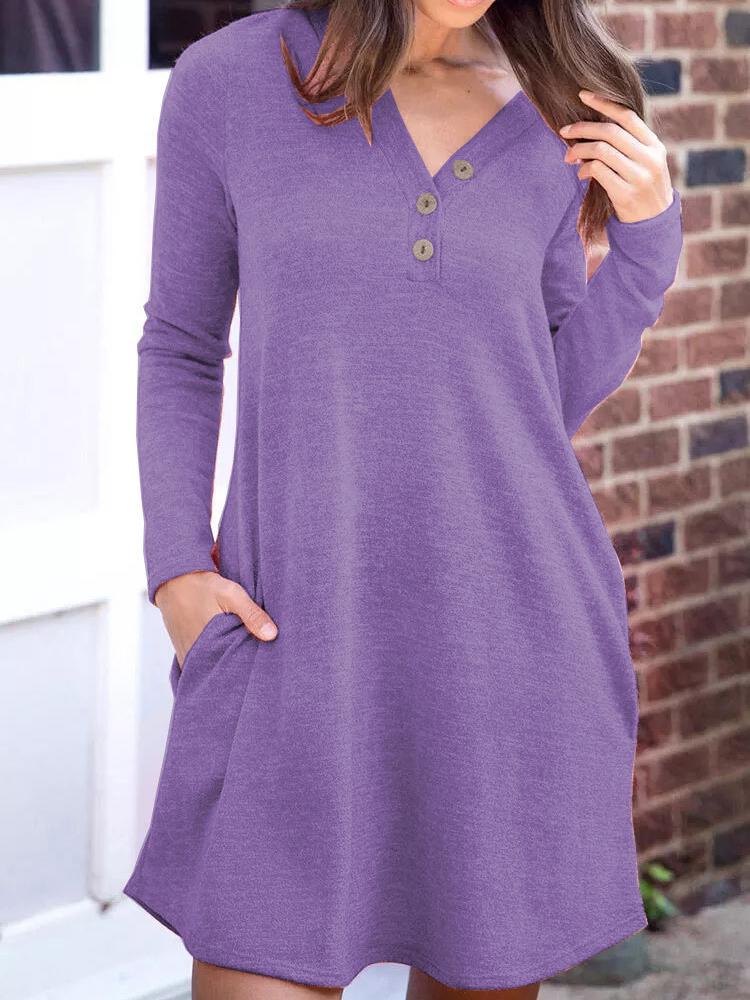 Women's Dresses Pocket Button Solid Casual Long Sleeve Dress