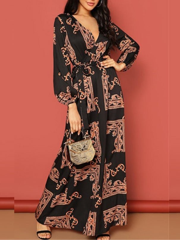 Women's Dresses Printed Lace-Up Long Sleeve Dress