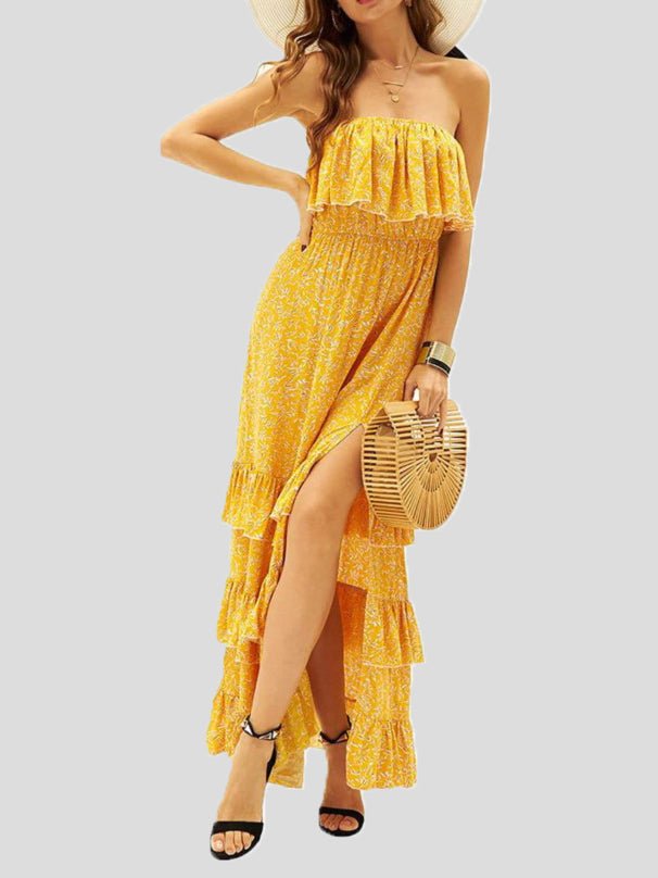 Women's Dresses Printed Tube Top Ruffled Slit Dress