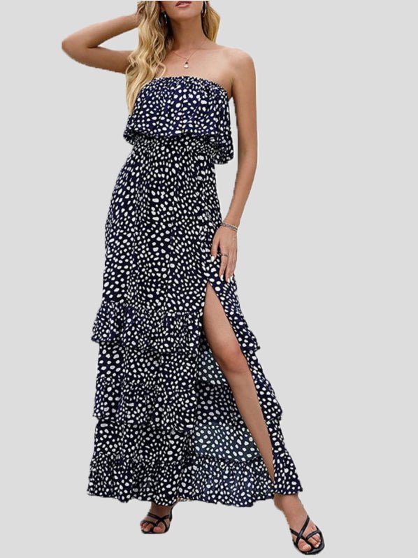 Women's Dresses Printed Tube Top Ruffled Slit Dress