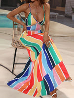 Women's Dresses Rainbow Stripe Print Sling Bare Back Maxi Dress
