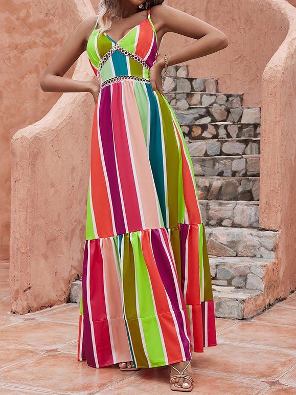Women's Dresses Rainbow Stripe Print Sling Bare Back Maxi Dress