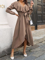 Women's Dresses Ruffle V-Neck Solid Color Split Long Sleeve Midi Dress