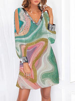 Women's Dresses Sequin Panel Print Off Shoulder Long Sleeve Dress