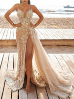 Women's Dresses Shiny Lace Sling V-Neck Slit Dress