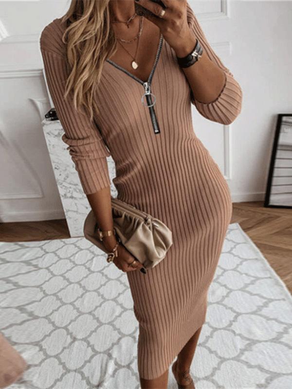 Women's Dresses Slim Fit Zip V-Neck Long Sleeve Dress