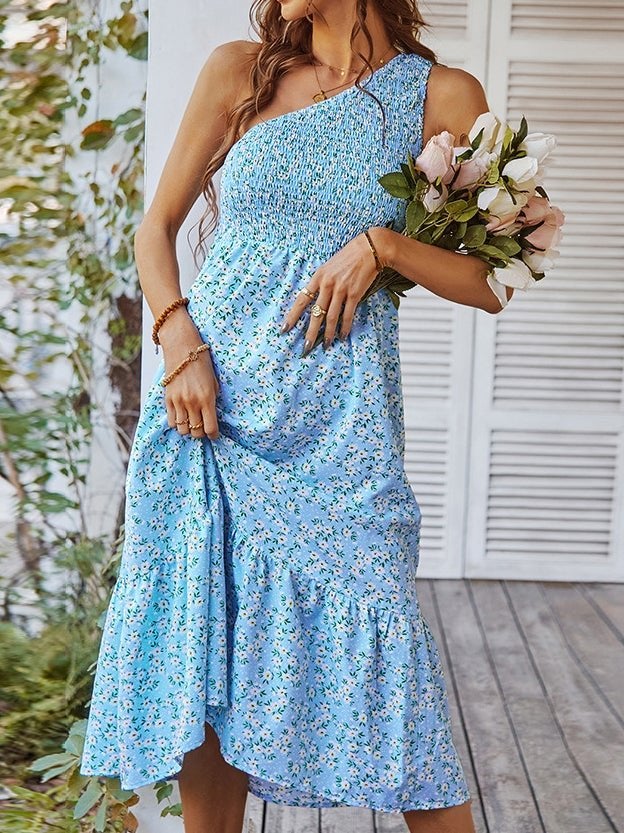 Women's Dresses Sloping Shoulder Floral Print Midi Dress