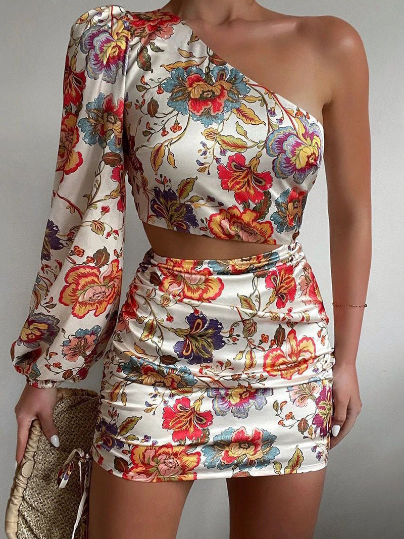 Women's Dresses Sloping Shoulder Print Cutout Bodycon Dress