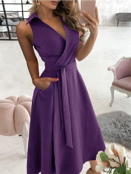 Women's Dresses Solid V-Neck Belted Sleeveless Dress