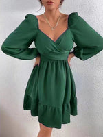 Women's Dresses Solid V-Neck Long Sleeve Ruffle Dress