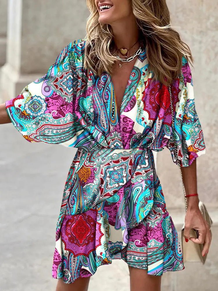 Women's Dresses V-Neck Doll Sleeve Ruffle Dress