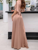 Women's Dresses V-Neck Satin Mid Sleeve Split Maxi Dresses