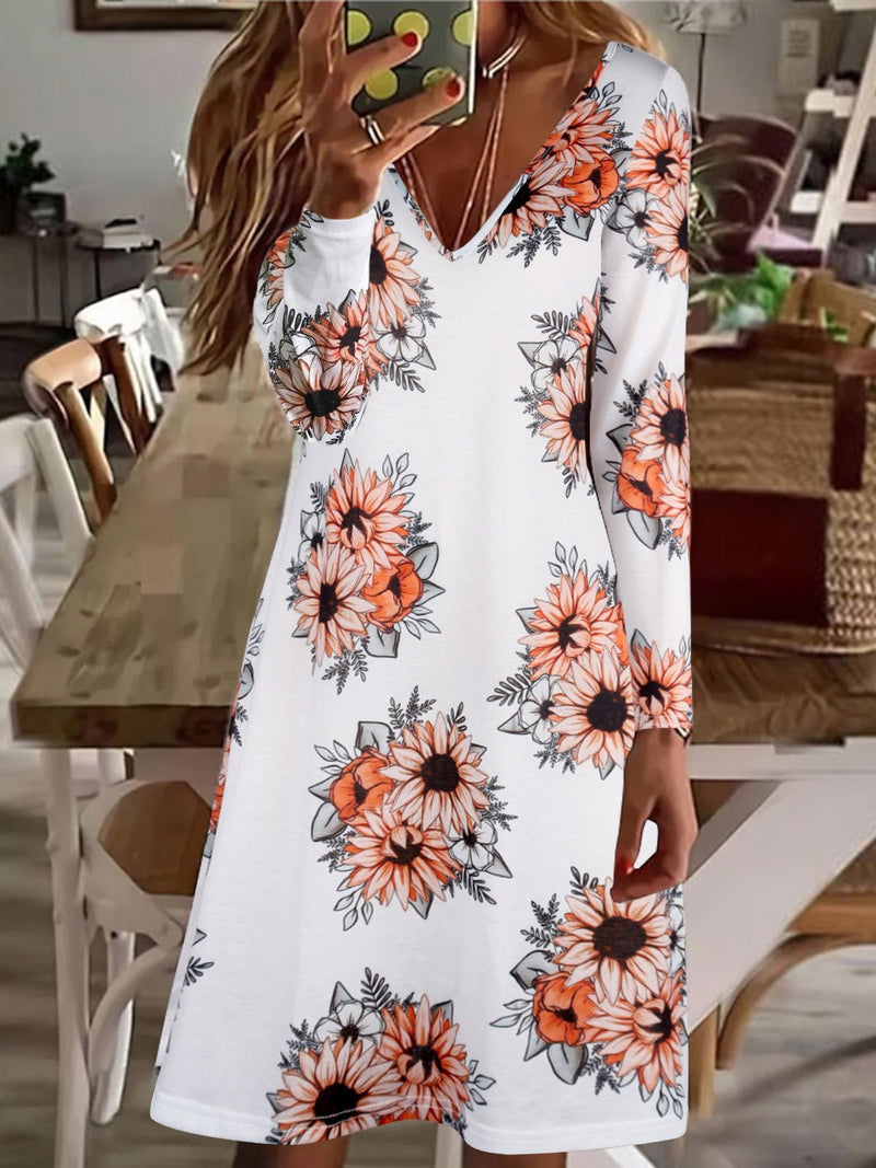 Women's Dresses Vintage Print V-Neck Long Sleeve Dress