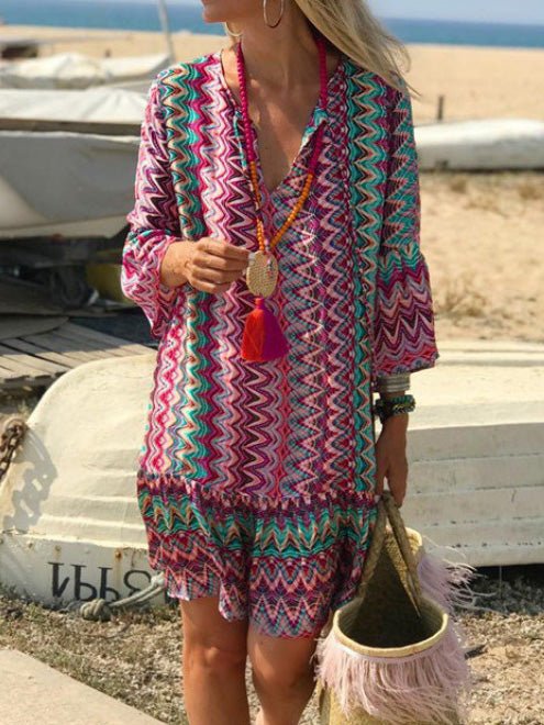 Women's Dresses Vintage Print V-Neck Long Sleeve Dress