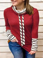 Women's Hoodies High-Neck Striped Panel Long Sleeves Casual Sweatshirt