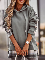 Women's Hoodies Plaid Paneled Pullover Long Sleeve Hoody
