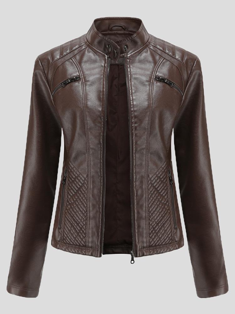 Women's Jackets Casual Stand-Collar Slim Solid Leather Jacket