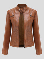 Women's Jackets Casual Stand-Collar Slim Solid Leather Jacket