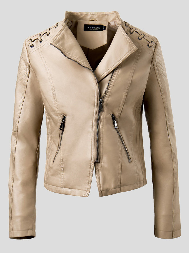 Women's Jackets Fashion Lapel Zip Leather Jacket
