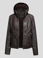 Women's Jackets Fleece Hooded Zipper Slim Leather Jacket