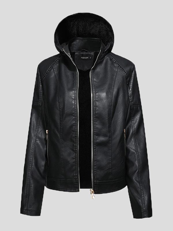 Women's Jackets Fleece Hooded Zipper Slim Leather Jacket