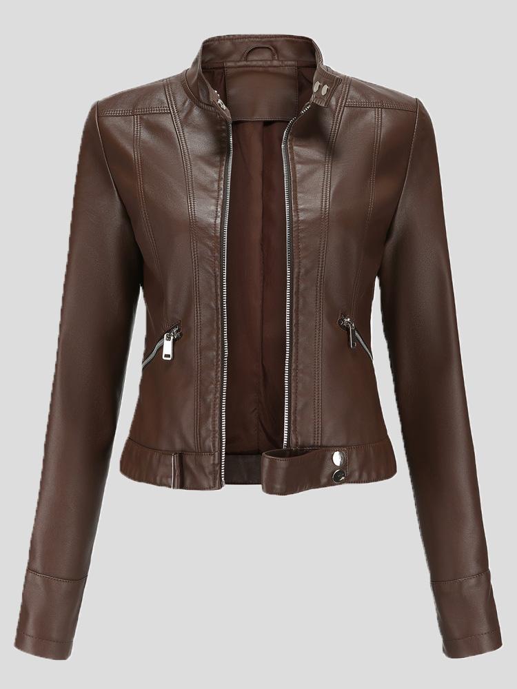 Women's Jackets Short Stand-Up Collar Zipped Leather Jacket