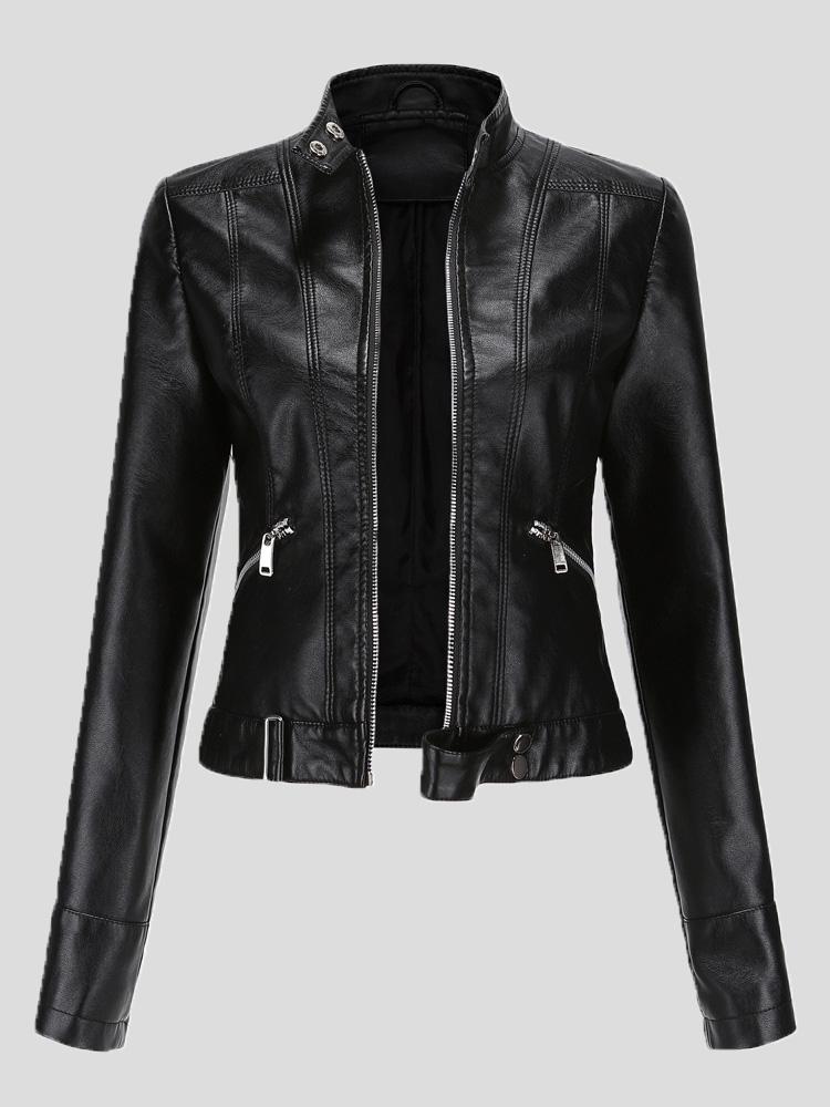 Women's Jackets Short Stand-Up Collar Zipped Leather Jacket
