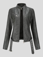 Women's Jackets Stand-Up Collar Slim Belt Leather Jacket